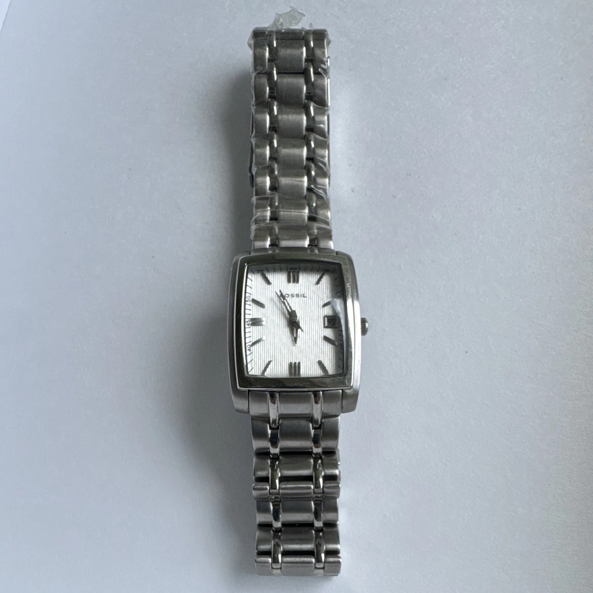 Fossil Watch Rectangle Leather Strap Water Resistant Silver Date New Tin Fossil Stainless Steel Case Rectangle Wristwatches for sale  main image 2