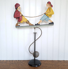 Vintage Folk Art TWO PIRATES In Boat Metal 18" Balance Toy With Stand