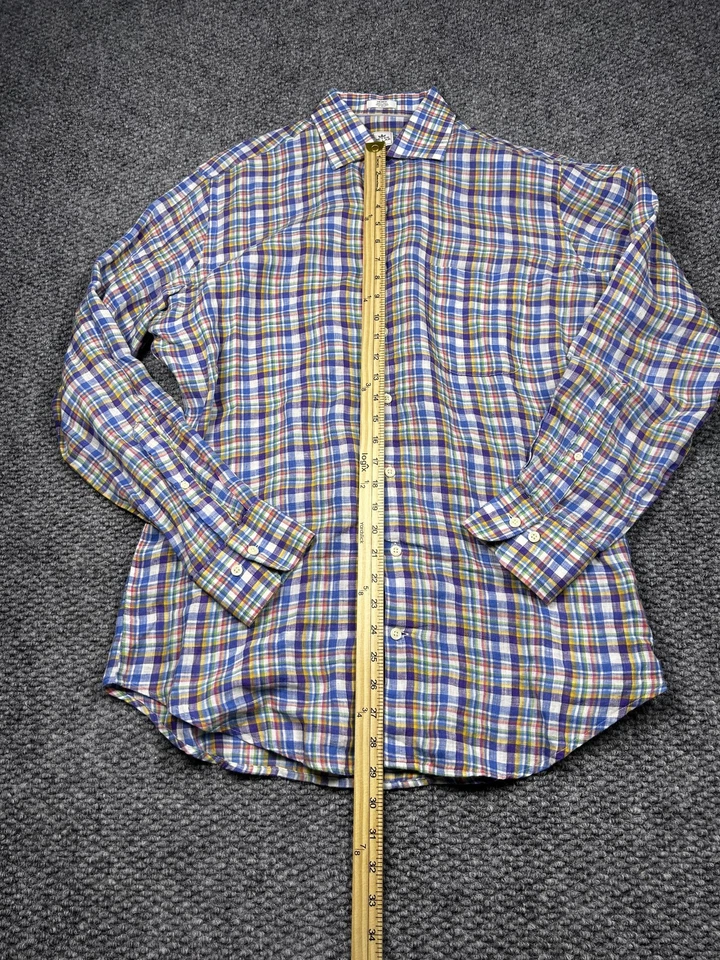 Peter Millar Shirt Mens Medium Blue Multicolor Plaid 100% Linen Button Down - Image 4 of 4