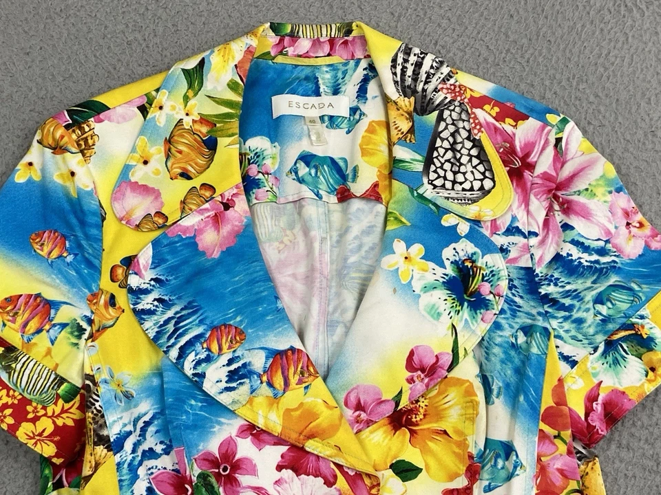 Blazer Mujer Escada Talla 40 Rosa Azul Amarillo Tropical Floral Chaqueta Coastal Reef Foto 3 de 4