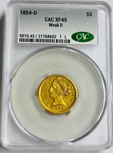 Photo of a 1854-D Liberty Half Eagle from an eBay listing that sold on Jul 19, 2026