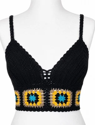 New Look Crochet Bralette Crop Top Size M Black Granny Square Boho Festival - Image 1 of 4