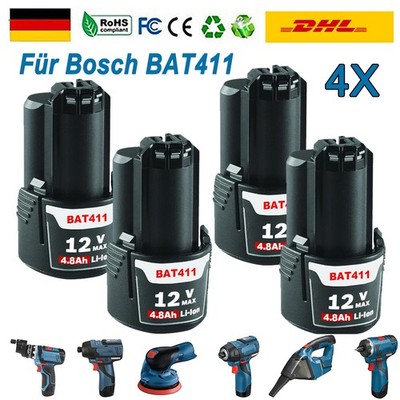 4X BAT411 Akku Für Bosch GBA 12V 4.8Ah Li-ion GSR GDR GSA BAT412 Ersatzakku DHL