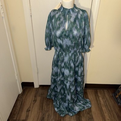Abbey Glass Bennett Dress Blue/ Green Metallic Floral Maxi Tiered NWT | eBay