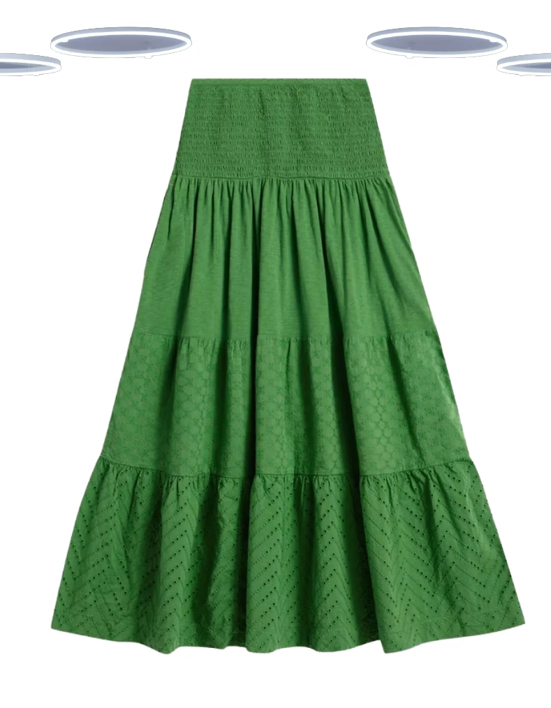 Ex White Stuff Women's Maxi Skirt - Merissa Tiered Jersey Broderie Green