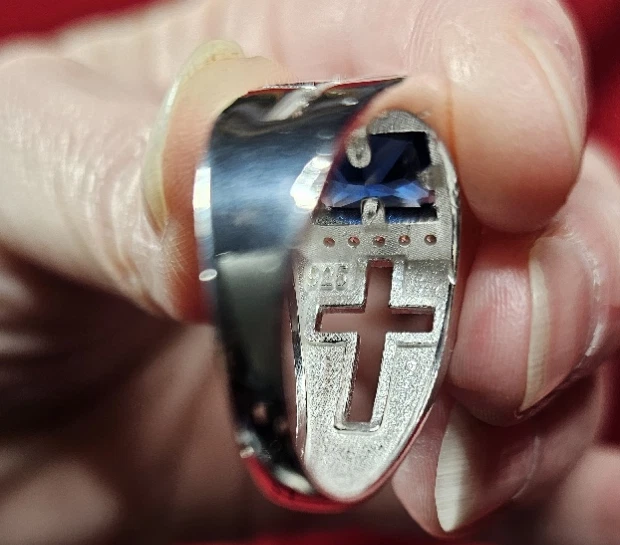 Anillo Clero Hombre Cristal Azul Halo Plata de Ley 925 Cristiano Talla 12.5 *Nuevo Foto 4 de 4