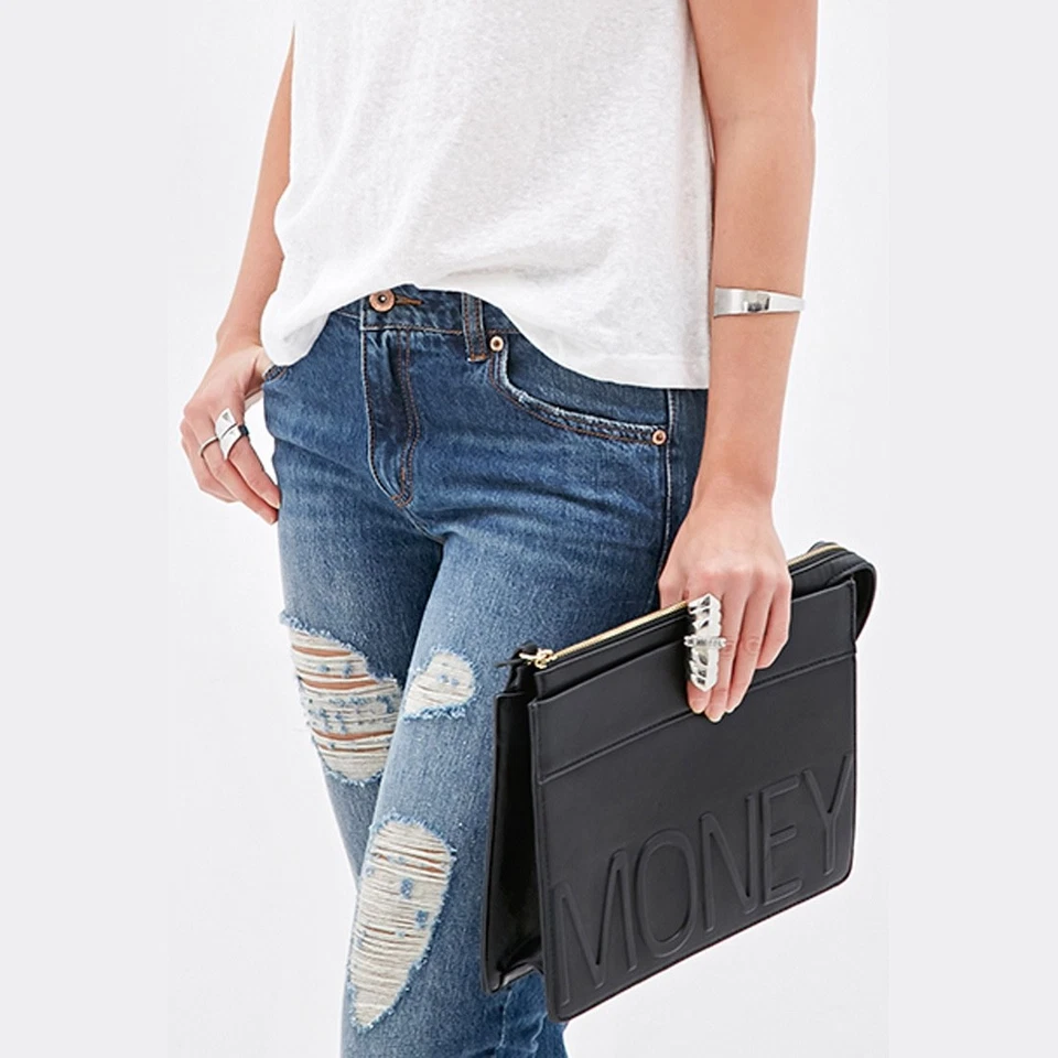 Bolso sin asas Forever 21 de cuero sintético monedero grande con cremallera superior negro Foto 2 de 4