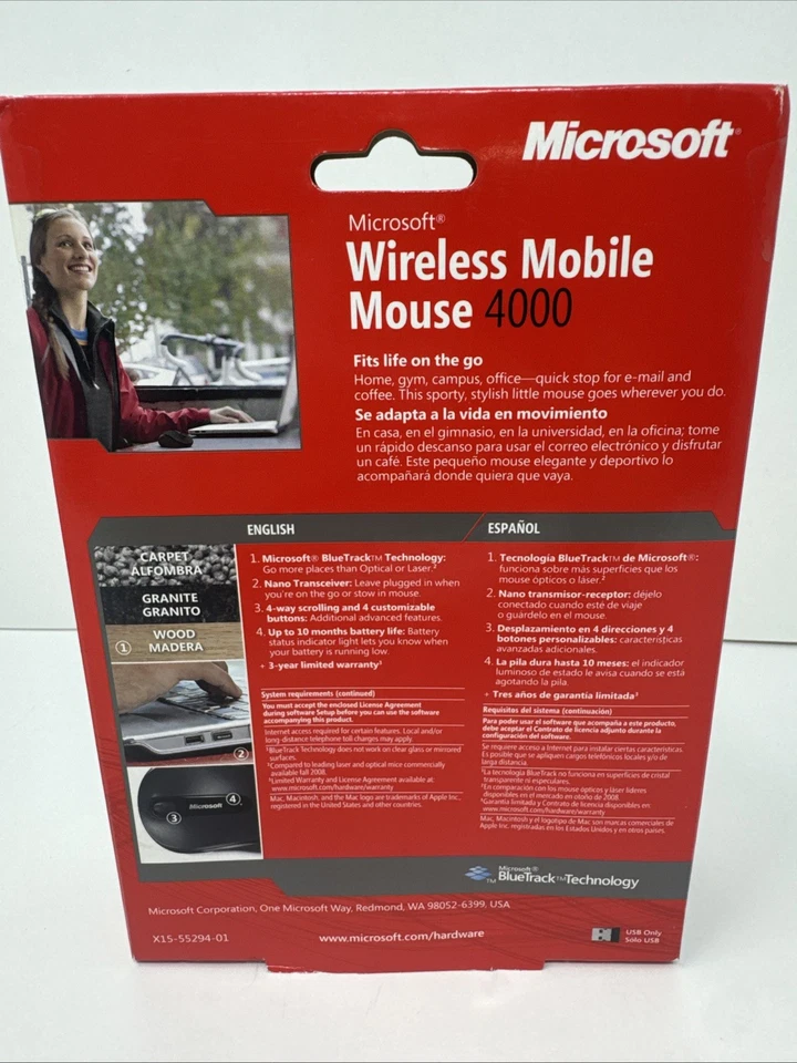 Microsoft Mobile Wireless Red Mouse 4000 Blue Track D5D-00038 1383 New Sealed - Image 3 of 4