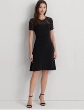 Polo Ralph Lauren Women's Black Belted Lace-trim Fit & Flare Dress, 9