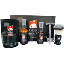 G.B.S Shaving Kit for Men - Sandalwood -Brush,  DE Razor, Oil, A/S, Shave Cream