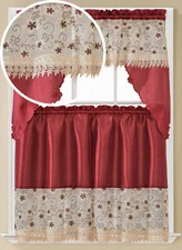 3PC SET WINDOW EMBROIDERY KITCHEN CURTAIN SOLID DRAPE VALANCE TIER NEW DESIGNS