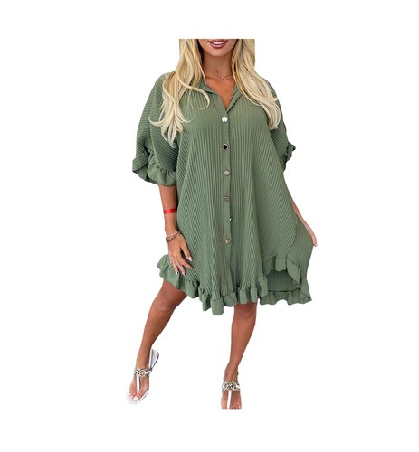 Ladies Women's Gold Button Pleated Frill Summer Shirt Swing Smock Mini Dress Top - Picture 6 of 24