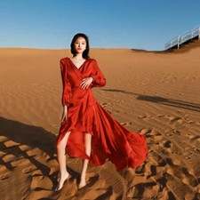 sexy v-neck backless holiday long red dress satin beach and desert maxi dress