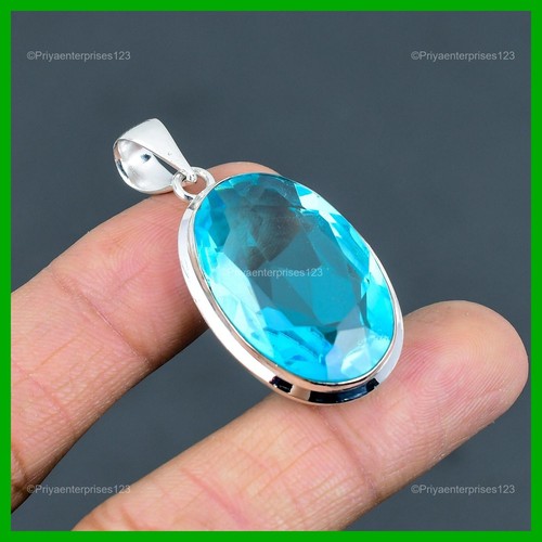 925 Sterling Silver Oval Swiss Blue Topaz Gemstone Mother Bezel Pendant ...