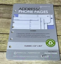 Franklin Covey Accessories Address Phone 50 Refill Pages Classic Size 5.5”x8.5”