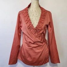 J. Jill Size S Burnt Orange Ruffle Neck Long Sleeve Cotton Tie Front Blouse Top