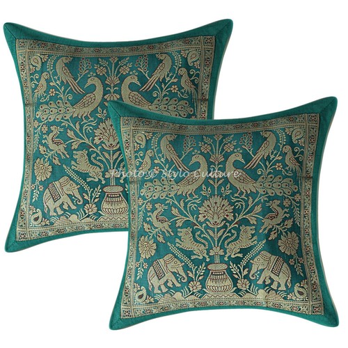 Original Kikan Federa per cuscino in seta con elefante indiano in broccato di Sari Boho decorazione per la casa,federe per cuscino 40.6x40.6 cm, chiusura a zip banarsi,patchwork,(grigio argento