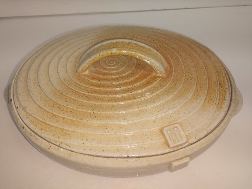 Vintage Backform Steinzeug Kasserolle & Deckel 9"X8"X3-4" Beige & Braun Handarbeit - Bild 3 von 12