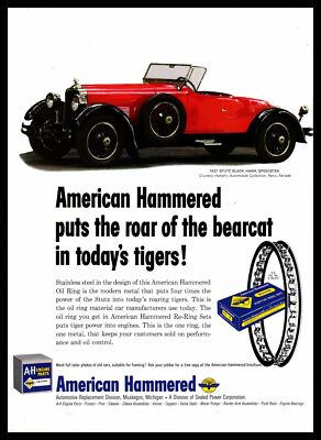 #ad 1966 American Hammered Steel Oil Rings 1927 Stutz Black Hawk Speedster Print Ad $9.95