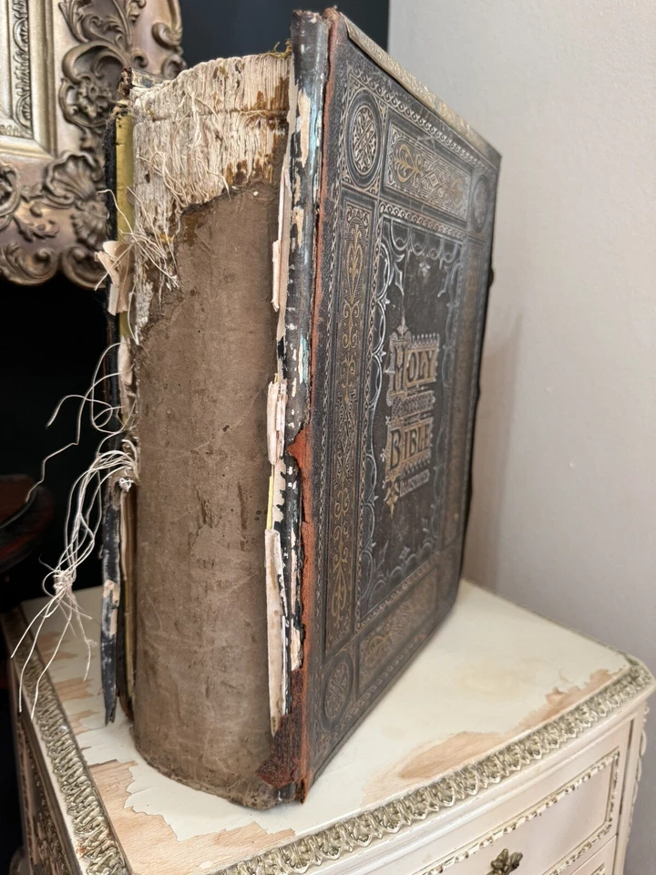 c1880s HEAVY ANTIQUE BROWNS FAMILY HOLY BIBLE 5.6kg BOOK & BRASS CLASPS - Image 3 of 4