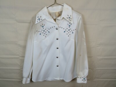Vintage 1960-70s polyester top shirt Turquoise with gold stone M Stain Destroyed