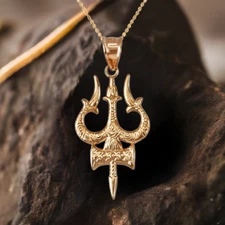 Yellow Gold Trident of Lord Shiva Trisula Pendant Necklace