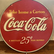 Antique Coca Cola Take Home A Carton Metal Round Double Sided Sign US MADE
