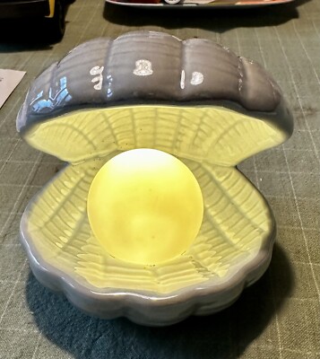 Blue/Gray Ceramic Clam Shell Lighted Pearl White LED Night Lite 4.5 x 4 x 4''
