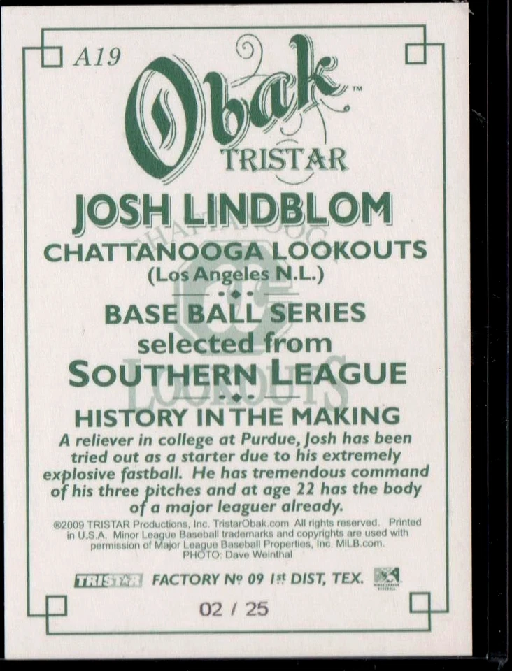 2009 Obak Tristar Gold Rookie SP Autograph 02/25 Josh Lindblom (Pirates) Mint+ - Image 2 of 2