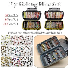 30-114Pcs/Box Fly Fishing Flies Kit, Hand Tied Trout Bass Fly Assortment Lures