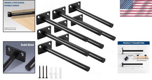 Soportes de estante flotantes de acero macizo negro 8 piezas - Soporte invisible para el estilo - Imagen 2 de 10