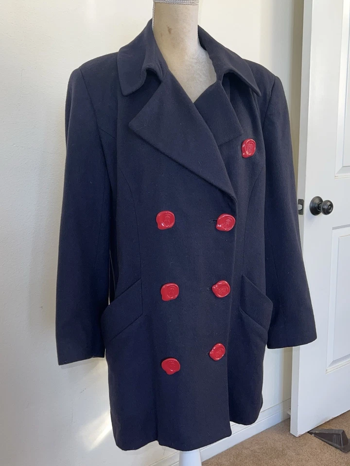 VTG Bill Blass Neiman Marcus Navy Cashmere Pea Coat Red “wax” Logo Buttons Sz 10 - Image 2 of 4