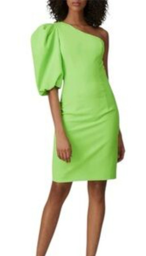 Black Halo Cooper One Shoulder Puff Sleeve Sheath Dress Neon Lime Green Size 8