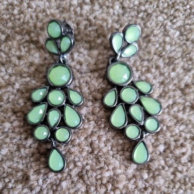 Lia Sophia Slow Dance Metal Gray Earrings With Green Crystals Chandelier Studs 
