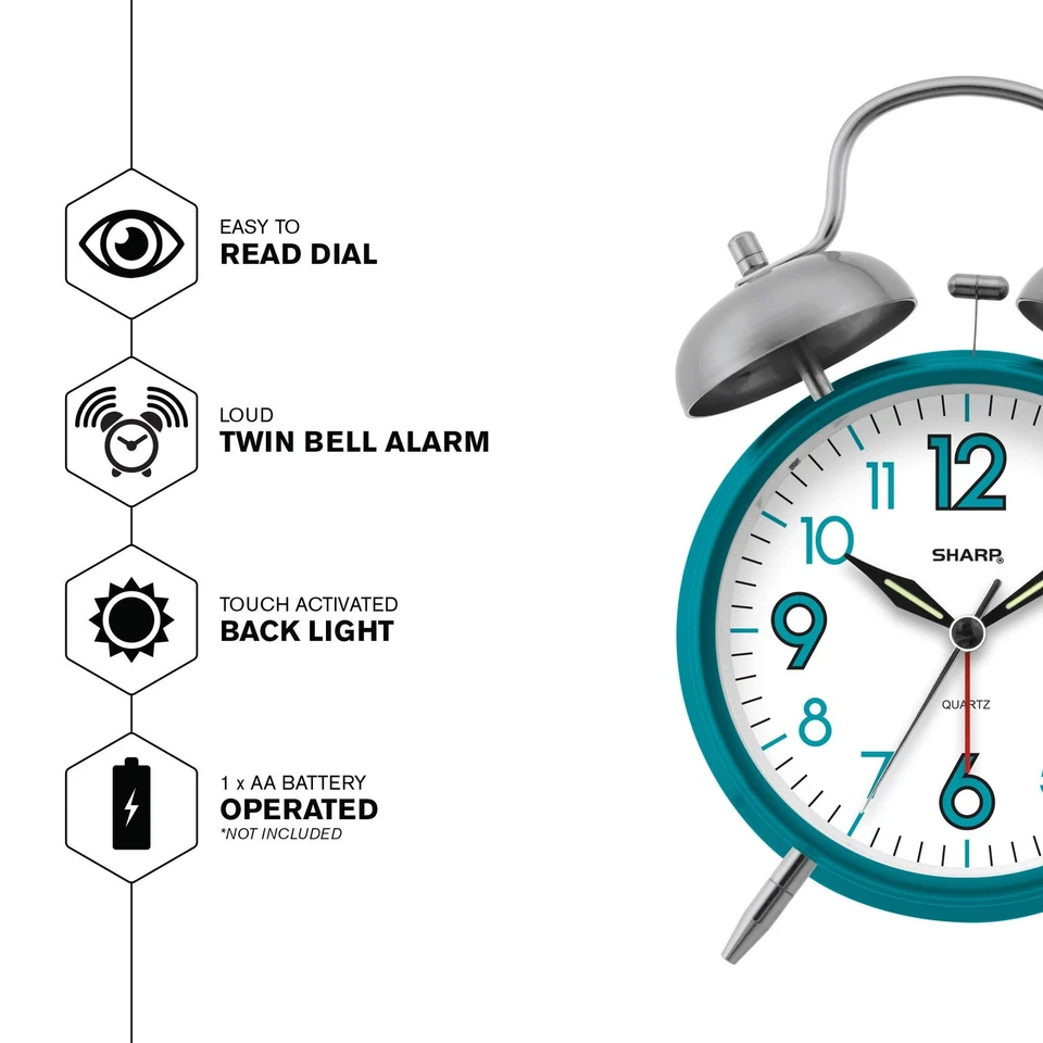 Sharp SPC851 Twin Bell Alarm Clock, Teal - Image 4 of 4