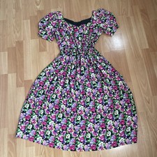 Vintage Floral Puff Sleeve Midi Dress in Pink Green  Black with pockets