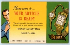 Tollefson's Jewelry Store Harmony NY Watch Bulova Distributor Postal Card