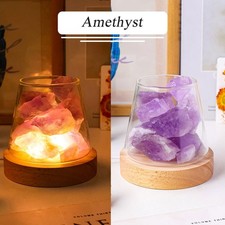 Natural Crystal Raw Stone Night Light Healing Aromatherapy Table Lamp + USB Base