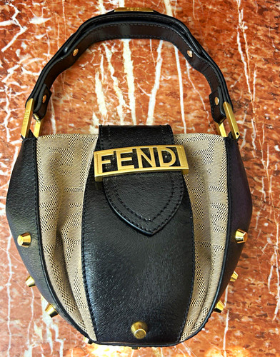 FENDI Zucca Jacquard Canvas Leather Mini Top Handle Bag Black Beige Gold