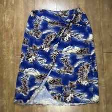 Hilo Hattie Hawaiian Blue Tropical Floral Rayon Sarong Wrap Skirt Size XL