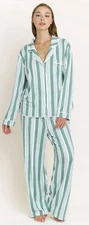 Honeydew Intimates Quiet Night Pajama Set Jade Green Mist Cream Stripe M/L New