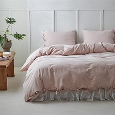 100 Washed Cotton Duvet Cover Set 2pcs with Bowknot Ties Strap Twin Pale Pink