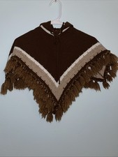 Vintage 1980  s Girls Brown  Tan Poncho - Size 5 - With Hood