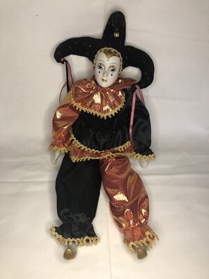 Harlequin Pierrot Porzellan Schwarz Orange 64cm venezianisch Karneval Modepuppe 