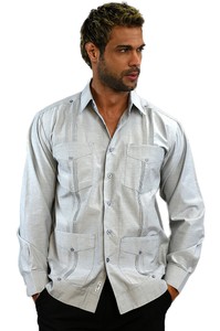Mens-Bohio-Cotton-Gray-Cuban-Guayabera-Classic-4-Pkt-Shirt-S-2X-MTCG1511