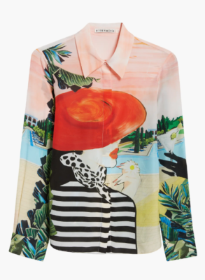 Alice + Olivia Willa Mixed Print Silk Button-Up Shirt in Palm 