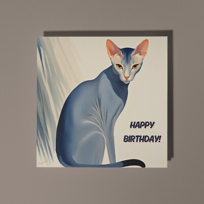 Handgefertigte elegante und anmutige blaue orientalische Katze Happy Birthday Karte & Umschlag.