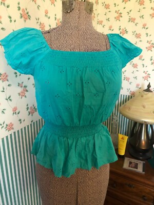 DREAM OUT LOUD EYELET BLOUSE SELINA GOMEZ PEASANT BOHO SMOCKED WAIST NECK NWOT S