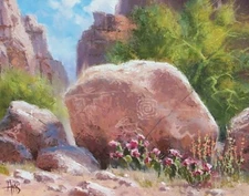 TOM HAAS painting 'Rock Art' oil 11"x14" Arizona desert petroglyphs flowers sky