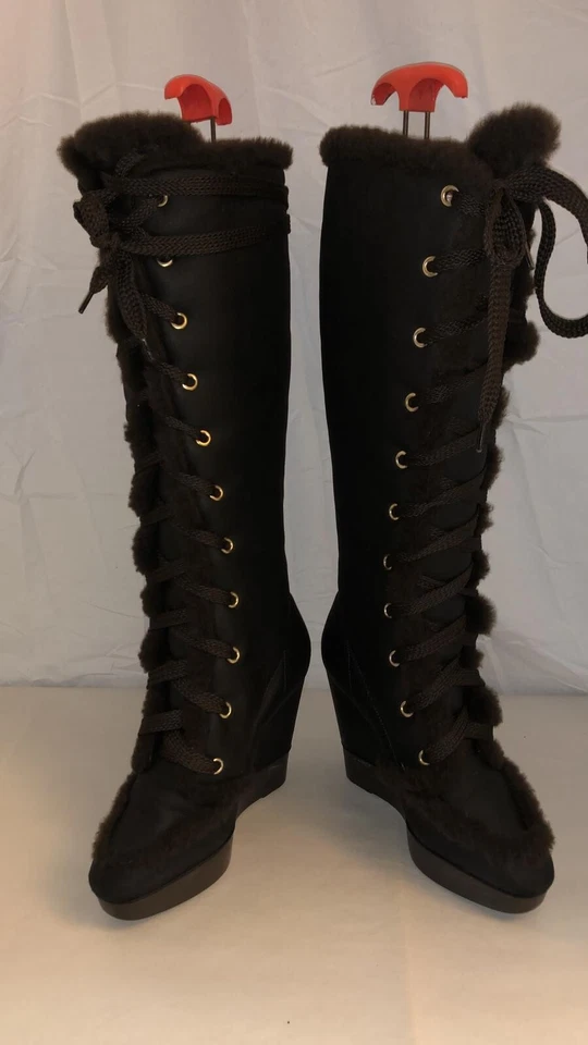 $1285❤️ Botas ALTAS 36.5/6.5 Sergio Rossi Cuero de Oveja Tacones Hasta la Rodilla Cuña Foto 3 de 4